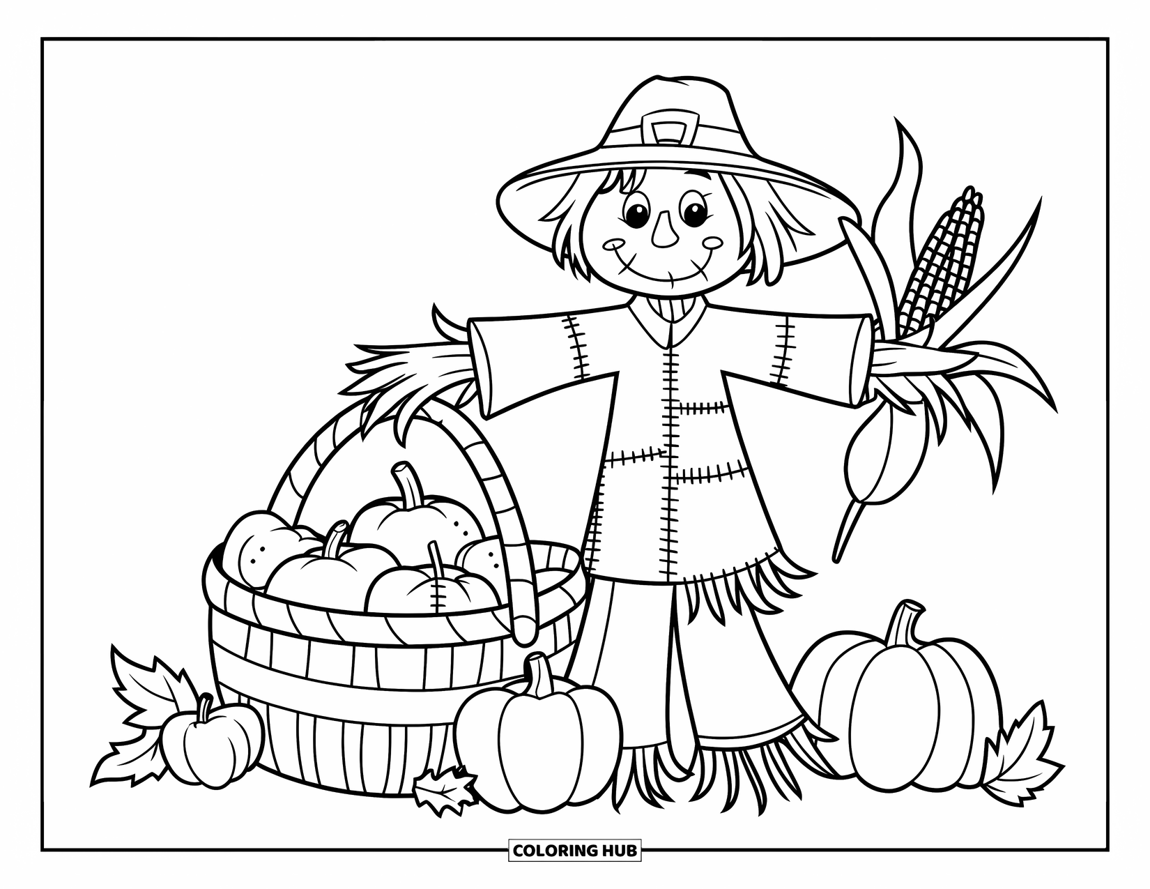 Scarecrow Coloring Page for Kids: A patchwork scarecrow with a wide hat stands near a basket in the countryside
