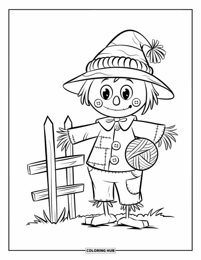 Coloriage d'épouvantail pour enfants : Un épouvantail en patchwork avec des traits en boutons tient une pelote de laine près d'une simple clôture en bois
