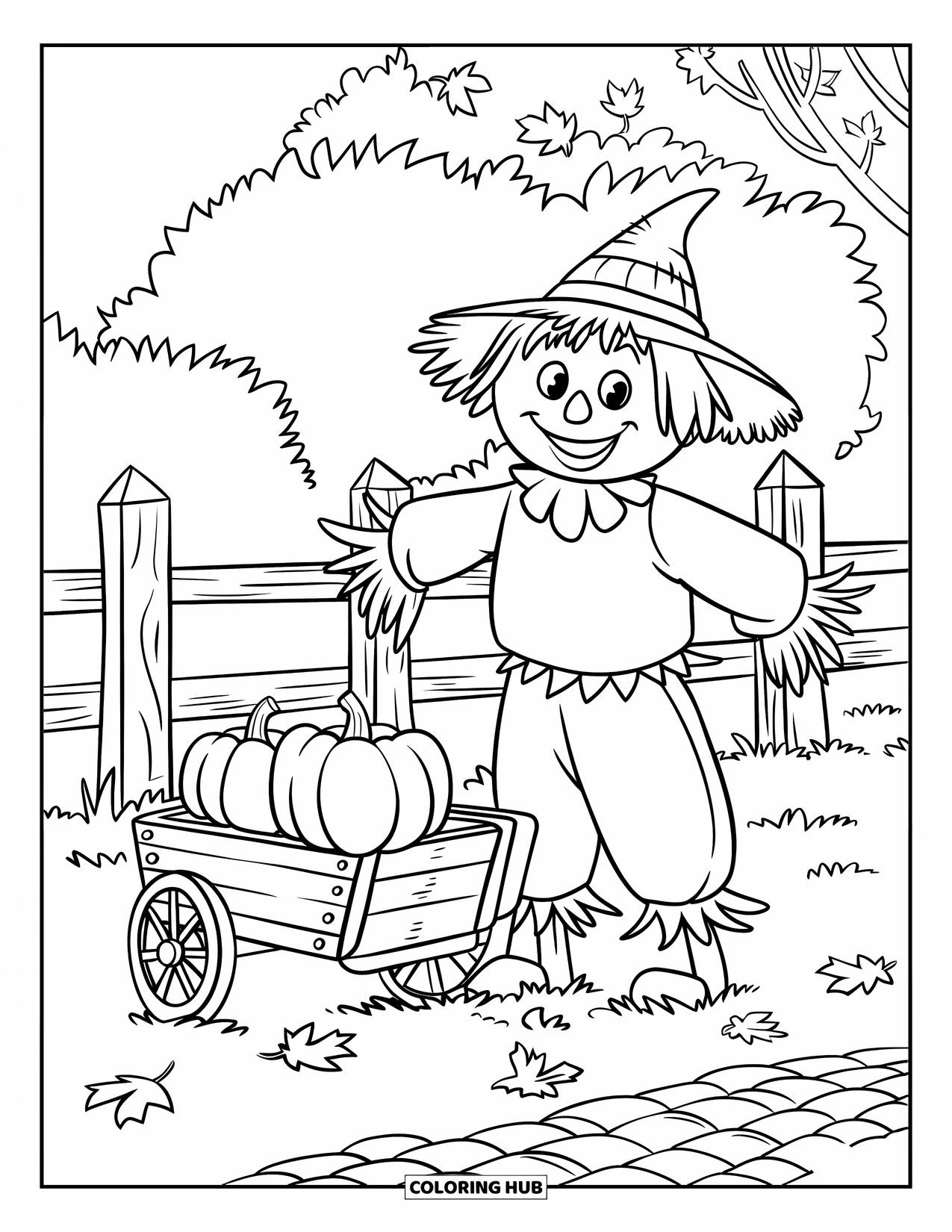 Scarecrow Coloring Page for Kids: A scarecrow and a pumpkin cart sit on cobblestone near autumn leaves and trees