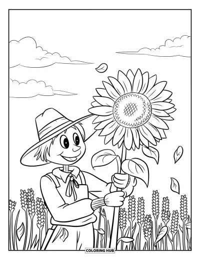 Coloriage d'épouvantail pour enfants : Un épouvantail tient un grand tournesol dans un champ où tombent des feuilles sous quelques nuages