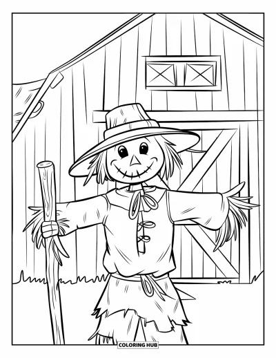 Coloriage d'épouvantail pour enfants : Un épouvantail tient un bâton près d'une grange au toit penché