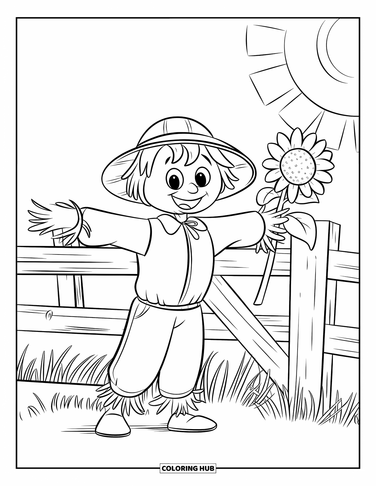 Scarecrow Coloring Page for Kids: A scarecrow holds a sunflower beside a wooden gate in a sunny grassy field