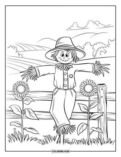 Coloriage d'épouvantail pour enfants : Un épouvantail coiffé d'un chapeau s'appuie sur une clôture entourée de tournesols en fleurs