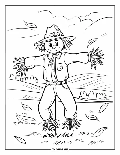Coloriage d'épouvantail pour enfants : Un épouvantail au chapeau de paille se tient dans un champ venteux avec des collines ondulantes