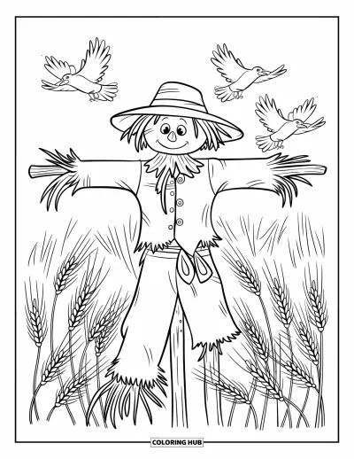 Coloriage d'épouvantail pour enfants : Un épouvantail dans un champ de blé reçoit la visite de corbeaux par une journée ventée