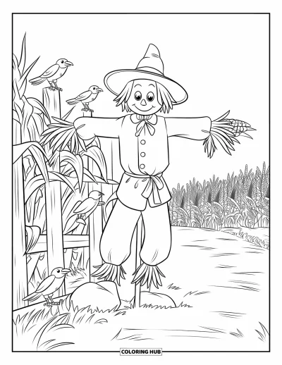 Coloriage d'épouvantail pour enfants : Un épouvantail s'appuie sur une clôture rustique entourée de grands tournesols