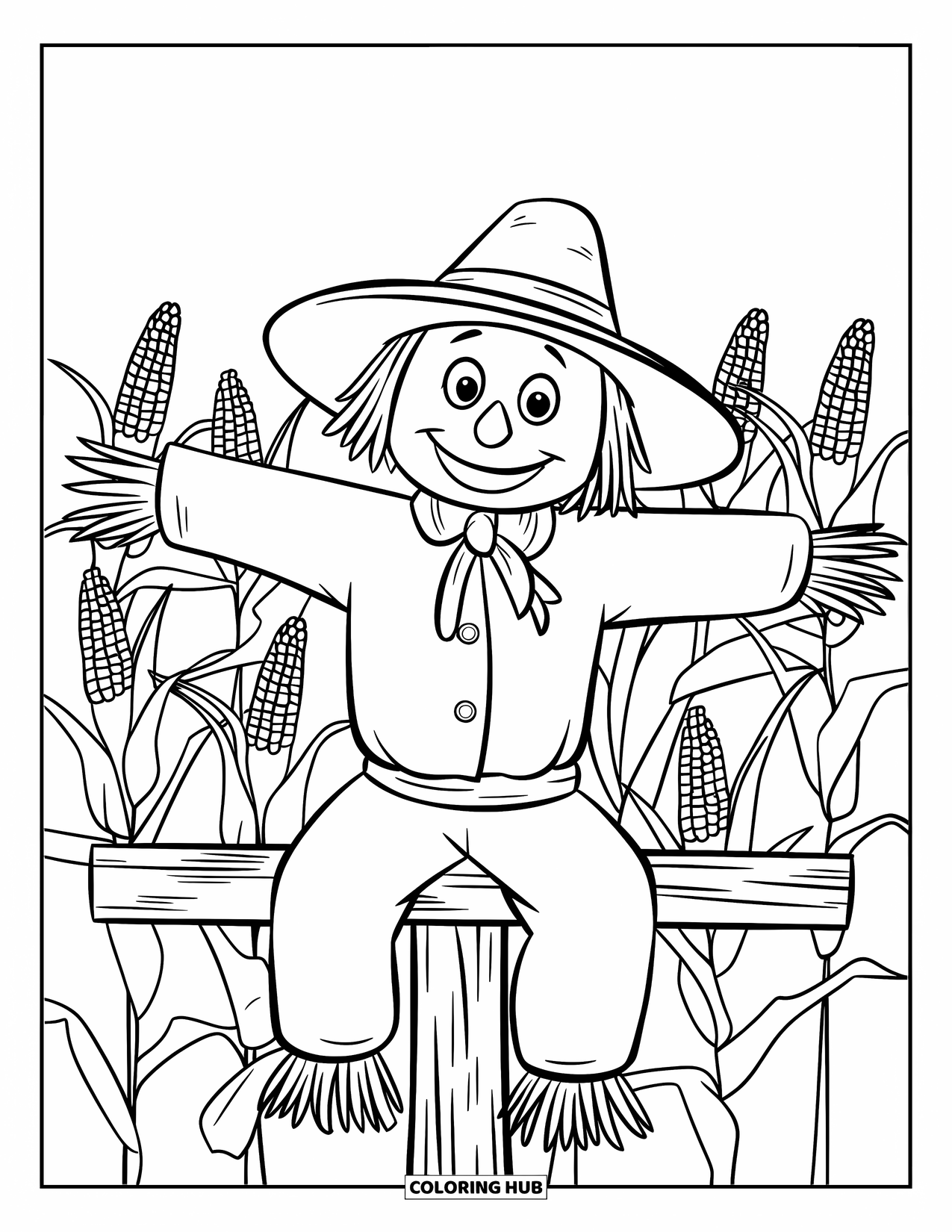 Scarecrow Coloring Page for Kids: A scarecrow on a post smiles in a cornfield with long, thin stalks