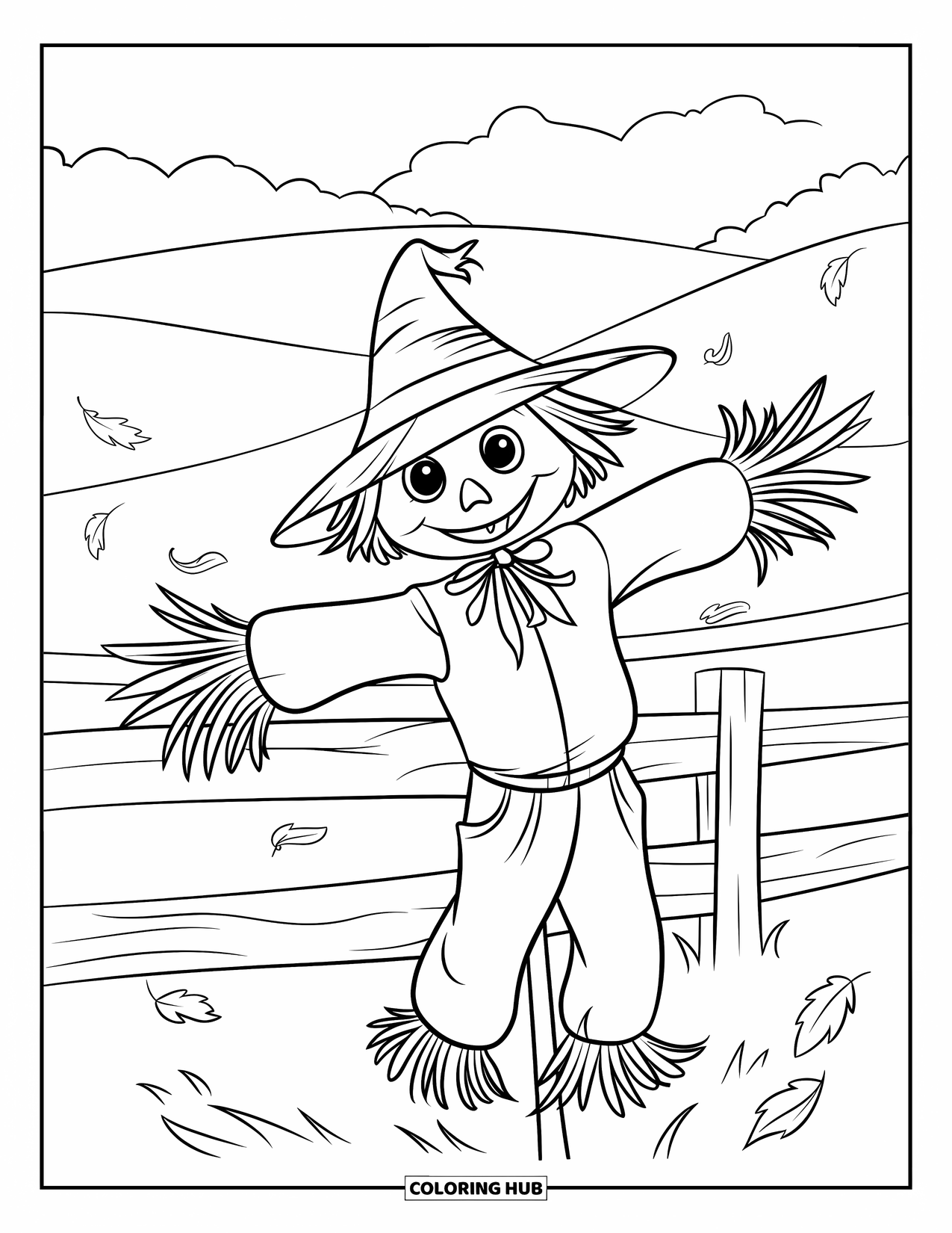 Scarecrow Coloring Page for Kids: A scarecrow poses in a windy field with scattered leaves and a hilltop view