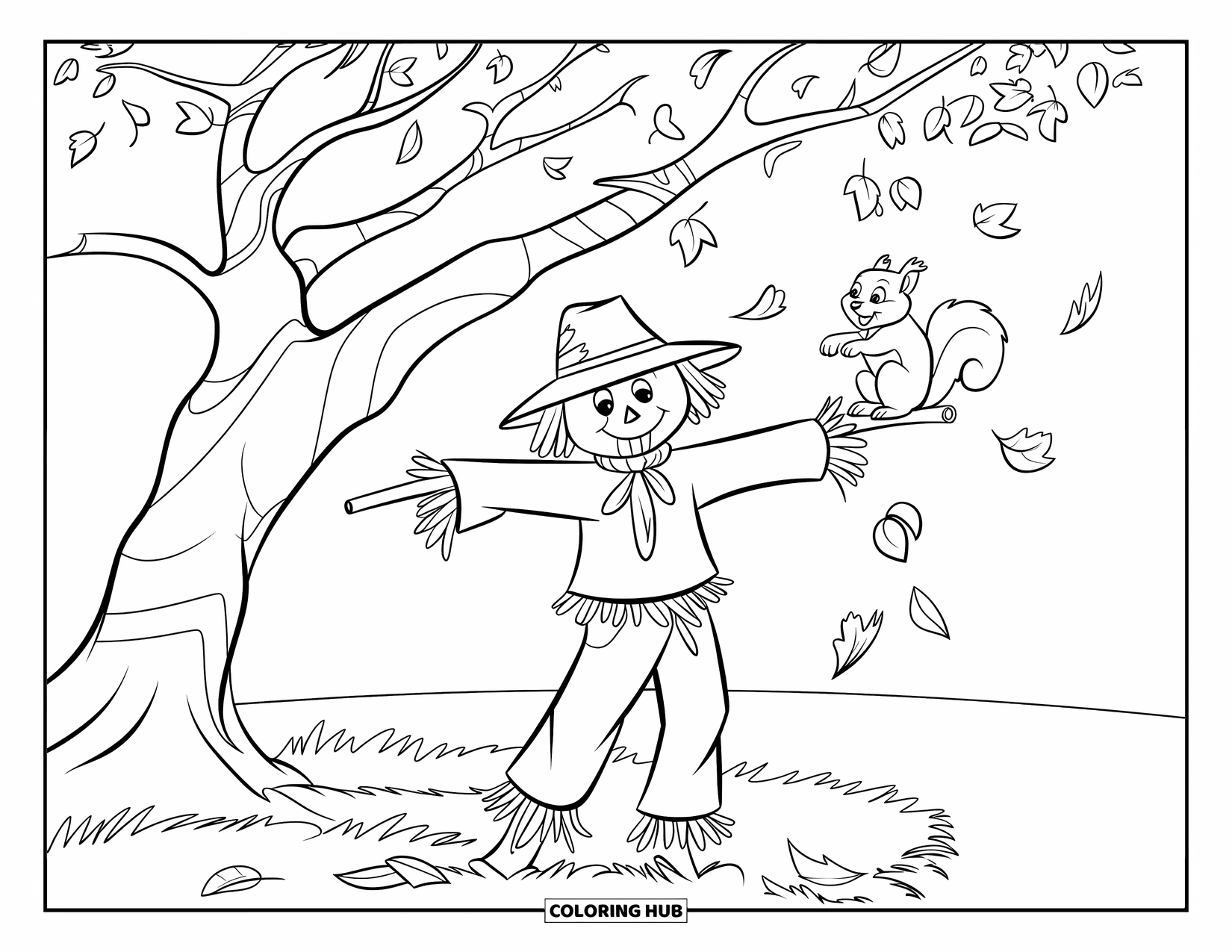 Scarecrow Coloring Page for Kids: A scarecrow sits under a leafy tree while a squirrel watches from a branch