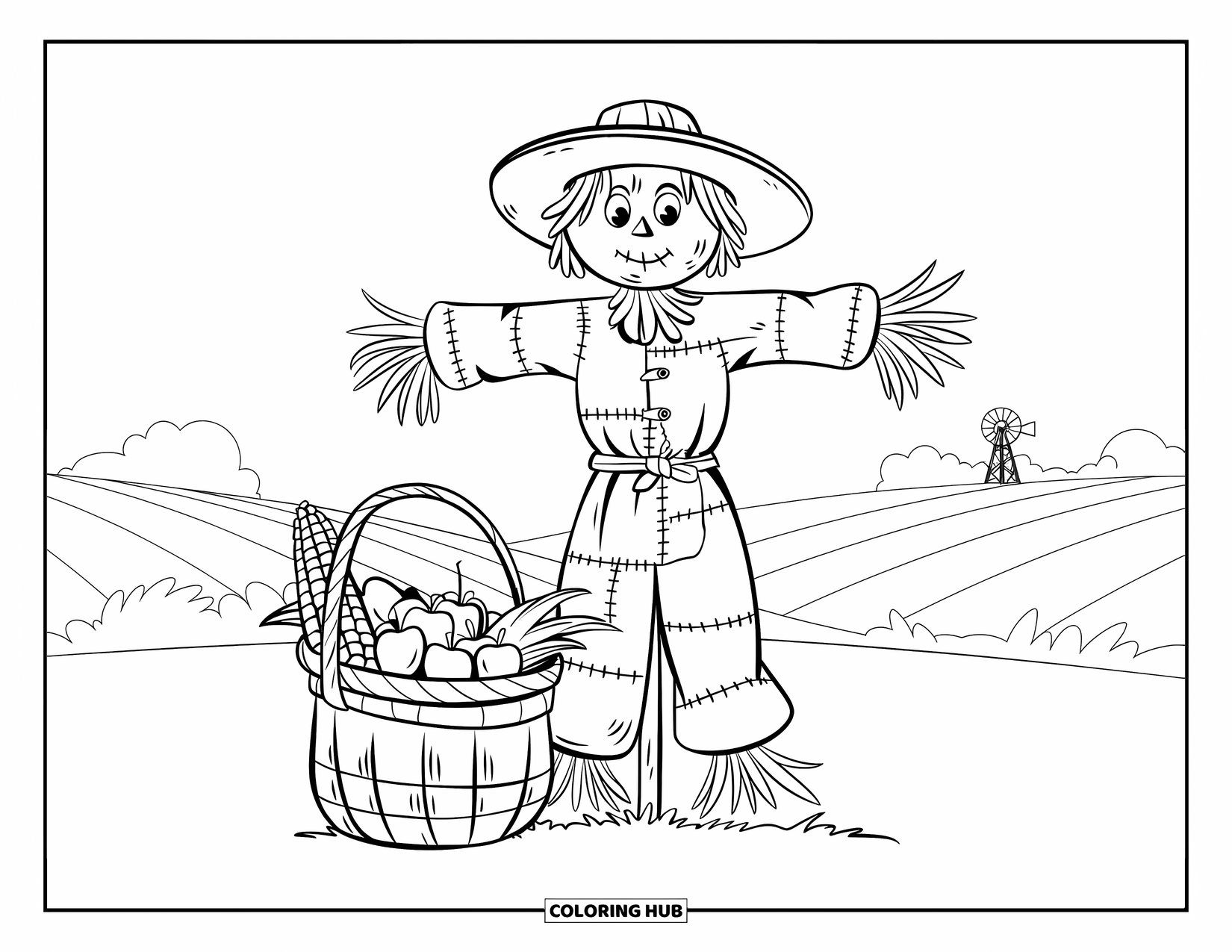 Scarecrow Coloring Page for Kids: A scarecrow sits under a tree as falling leaves drift down