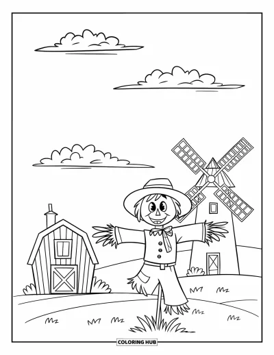 Coloriage d'épouvantail pour enfants : Un épouvantail se dresse devant une grange et un moulin avec des nuages flottant au-dessus