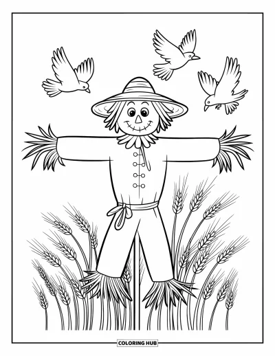 Coloriage d'épouvantail pour enfants : Un épouvantail se dresse dans un champ de blé battu par le vent avec des corbeaux qui volent alentour
