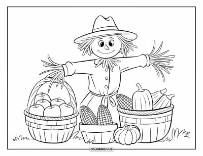 Coloriage d'épouvantail pour enfants : Un épouvantail se tient avec des paniers de pommes, de maïs et de courges dans un champ blanc