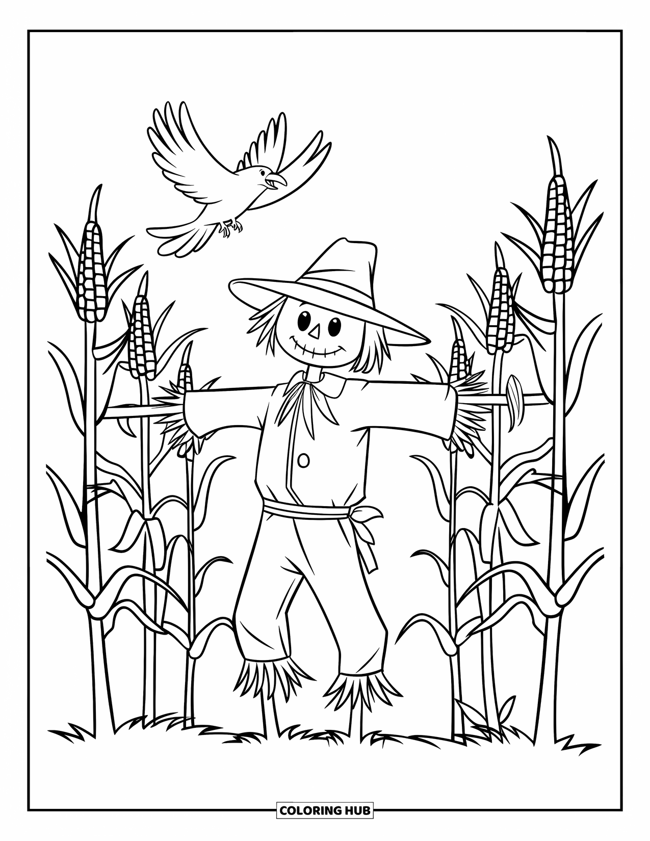 Scarecrow Coloring Page for Kids: A scarecrow with a crow overhead stands among tall corn stalks under a clear sky
