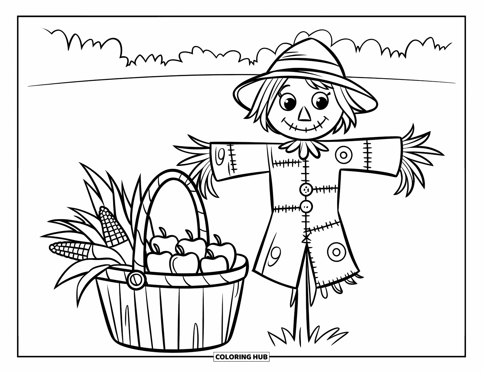 Scarecrow Coloring Page for Kids: A scarecrow with a hat stands beside a basket of harvest goodies