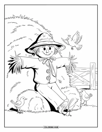 Coloriage d'épouvantail pour enfants : Un épouvantail aux yeux en boutons s'appuie sur une botte de foin tandis que des oiseaux voltigent