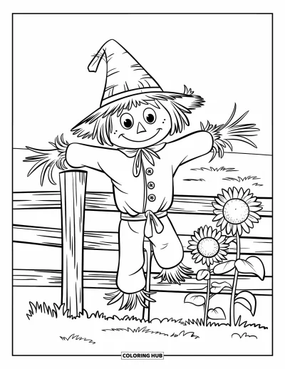 Coloriage d'épouvantail pour enfants : Un épouvantail aux yeux en boutons se repose sur une clôture avec des tournesols en arrière-plan