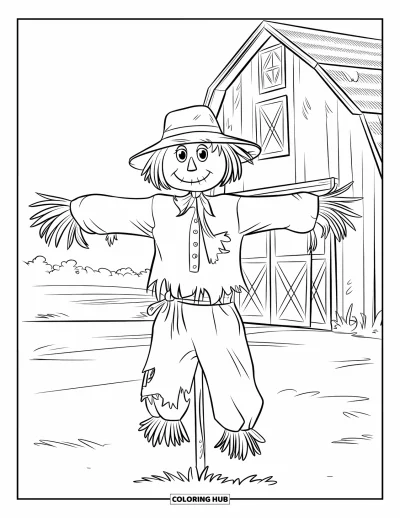 Coloriage d'épouvantail pour enfants : Un épouvantail en vêtements en lambeaux se tient devant une grange et de vastes terres agricoles