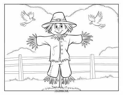 Coloriage d'épouvantail pour enfants : Un simple épouvantail coiffé d'un chapeau se tient dans un pré avec des corbeaux en vol