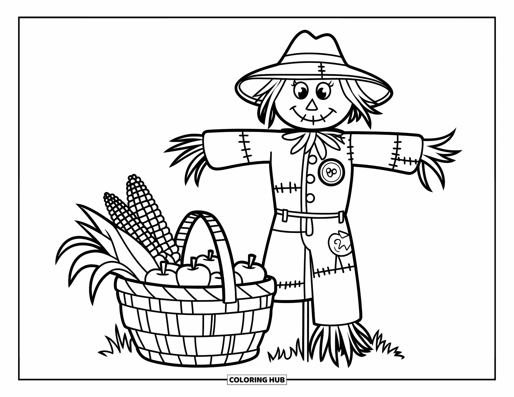 Scarecrow Coloring Page for Kids: A smiling scarecrow stands beside pumpkins and a corn-filled harvest basket