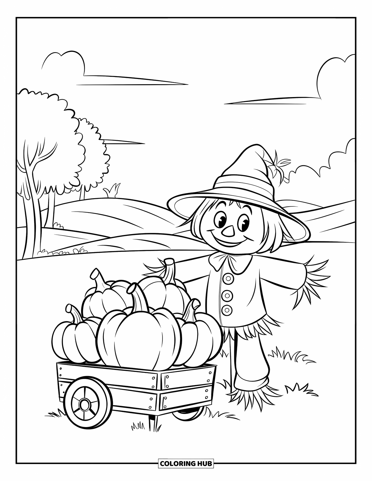 Scarecrow Coloring Page for Kids: A smiling scarecrow stands by a cart with patterned pumpkins and rolling hills