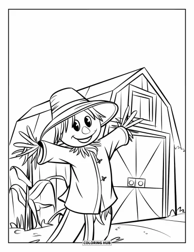 Coloriage d'épouvantail pour enfants : Un épouvantail souriant fait signe près d'une grange entourée de tiges de maïs sous un ciel bleu
