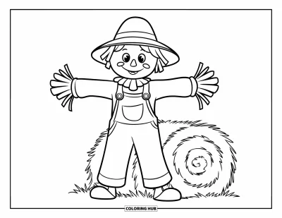 Coloriage d'épouvantail pour enfants : Un épouvantail souriant au chapeau pose près de bottes de foin sur un fond sobre