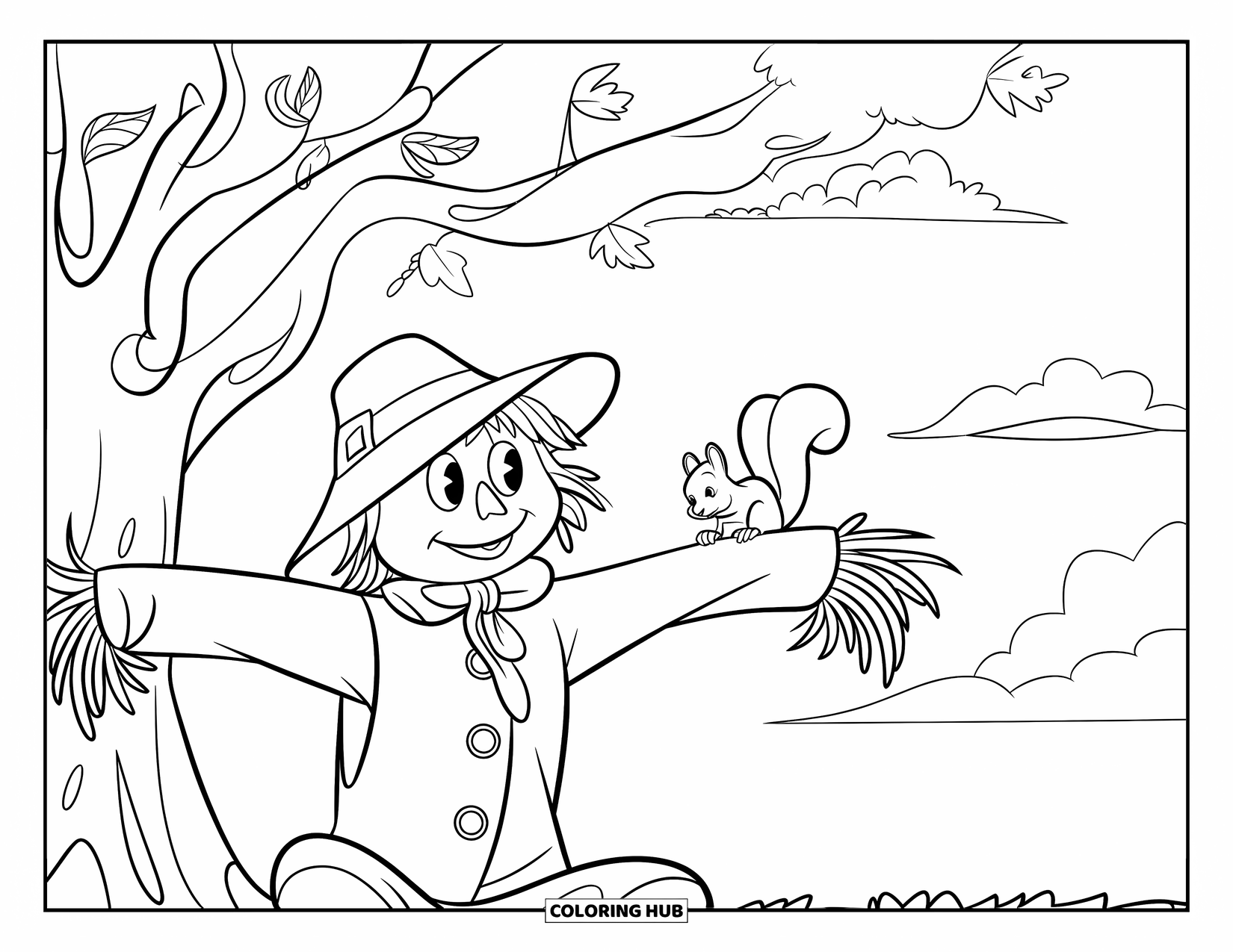 Scarecrow Coloring Page for Kids: A squirrel sits nearby as a scarecrow rests beneath a leaf-shedding tree