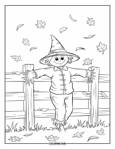Coloriage d'épouvantail pour enfants : Un épouvantail au chapeau de paille s'appuie sur une clôture couverte de feuilles sous un ciel dégagé