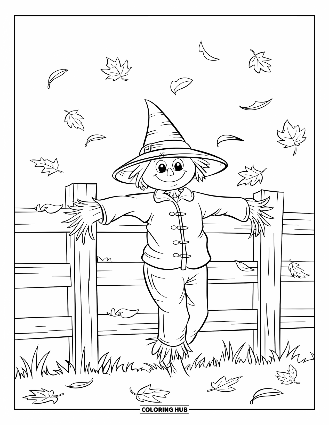 Scarecrow Coloring Page for Kids: A straw-hatted scarecrow leans on a leaf-covered fence under a clear sky