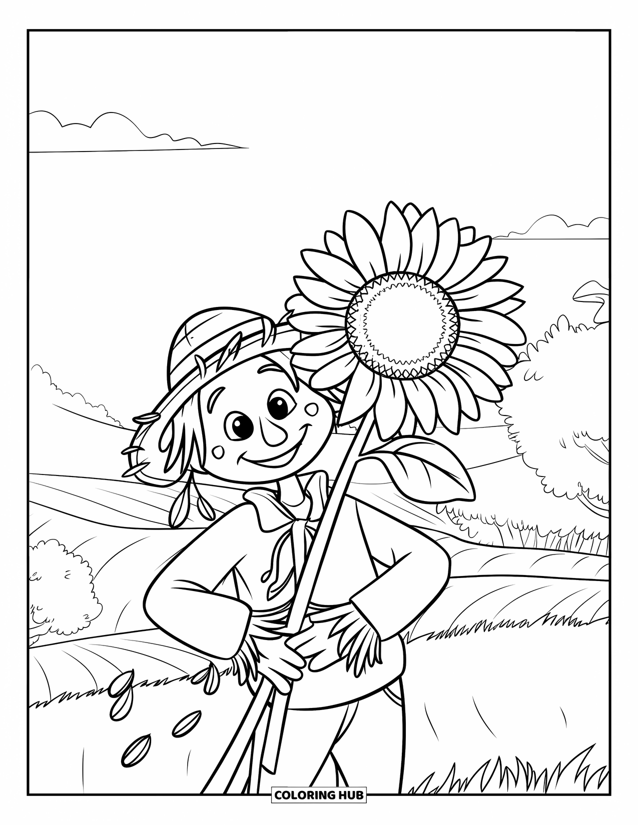 Scarecrow Coloring Page for Kids: A straw-hatted scarecrow smiles while holding a sunflower in a rolling, cloud-dotted landscape