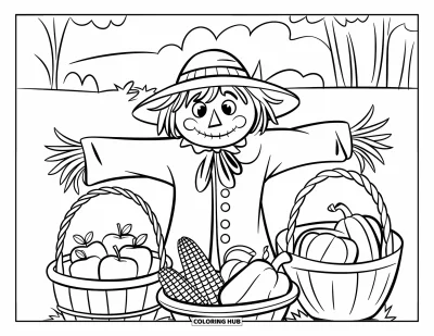 Coloriage d'épouvantail pour enfants : Un épouvantail au chapeau de paille se tient dans un champ près de paniers de fruits et légumes