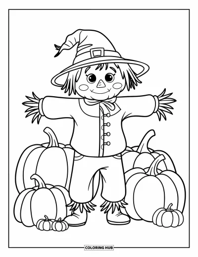 Coloriage d'épouvantail pour enfants : Un épouvantail au chapeau de paille se tient dans un carré avec des citrouilles de différentes tailles sous un ciel dégagé