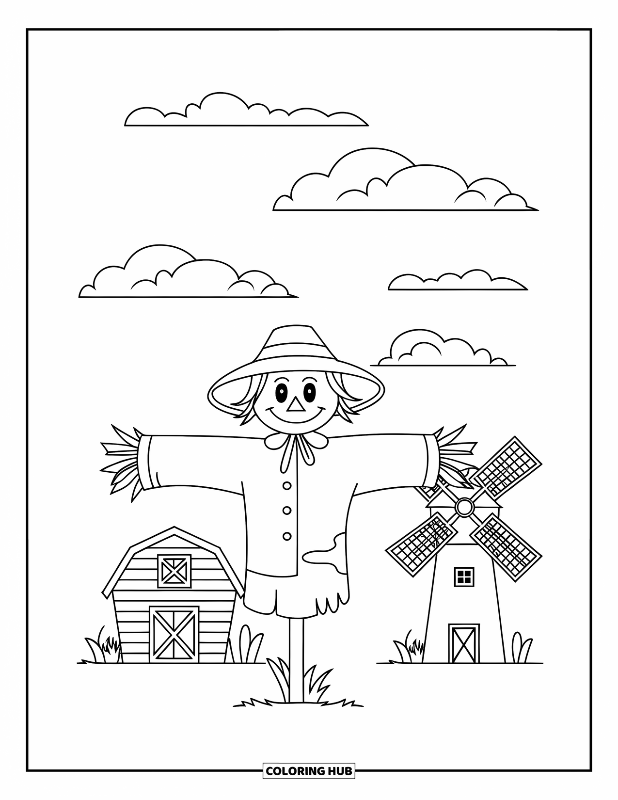 Scarecrow Coloring Page for Kids: A straw-hatted scarecrow stands near a barn and windmill outlined in bold lines