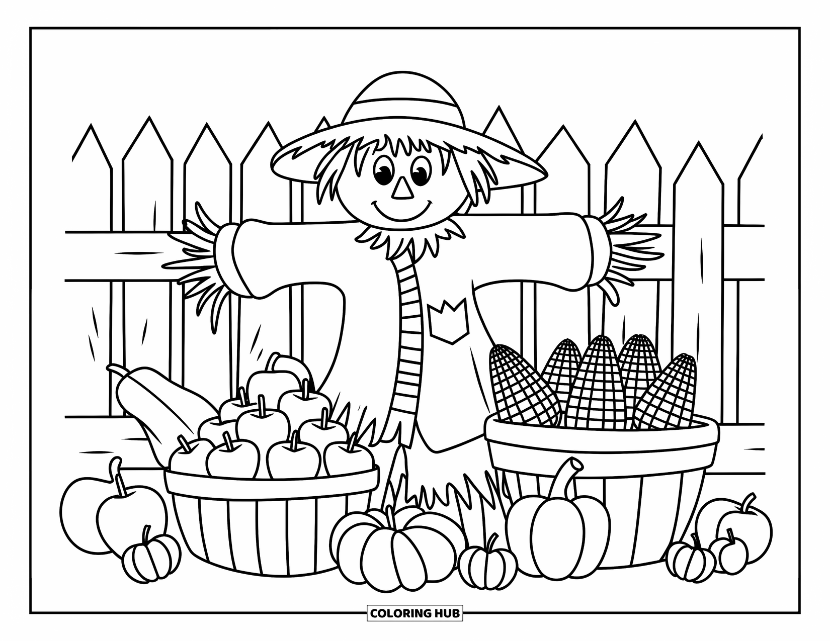 Scarecrow Coloring Page for Kids: A striped-shirt scarecrow stands near a fence with apples, corn, and squash