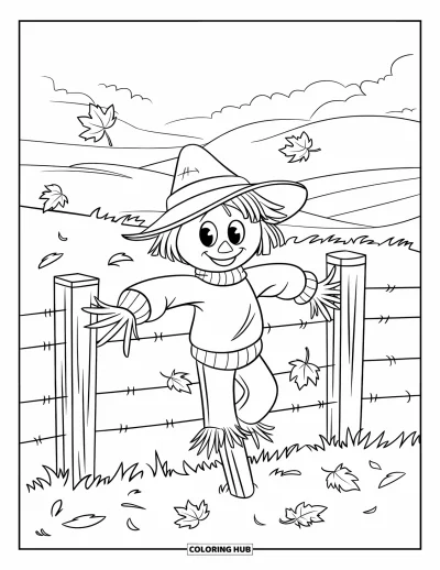 Coloriage d'épouvantail pour enfants : Un épouvantail en pull s'appuie sur une clôture avec des feuilles et des collines au loin