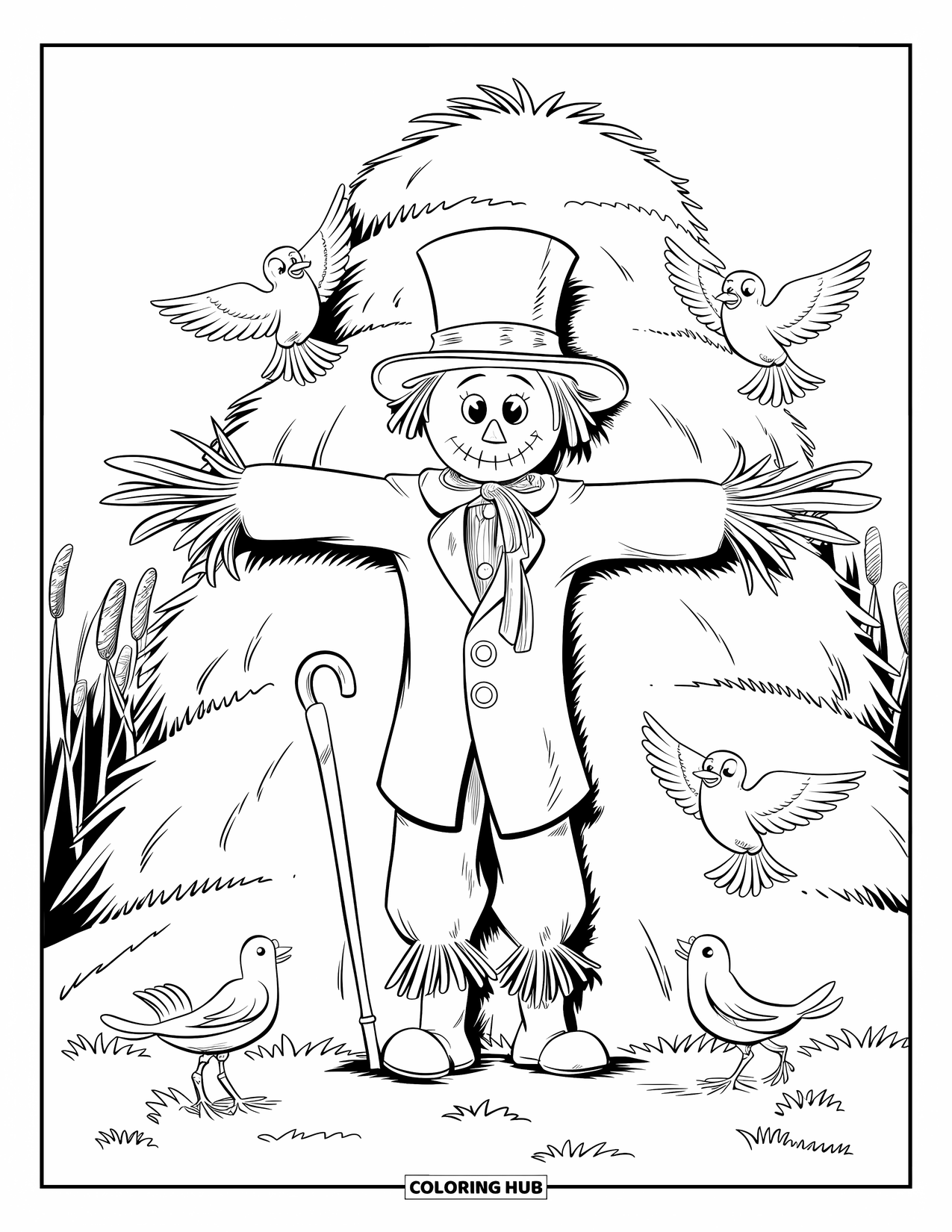 Scarecrow Coloring Page for Kids: A top-hatted scarecrow stands beside a haystack in a grassy field