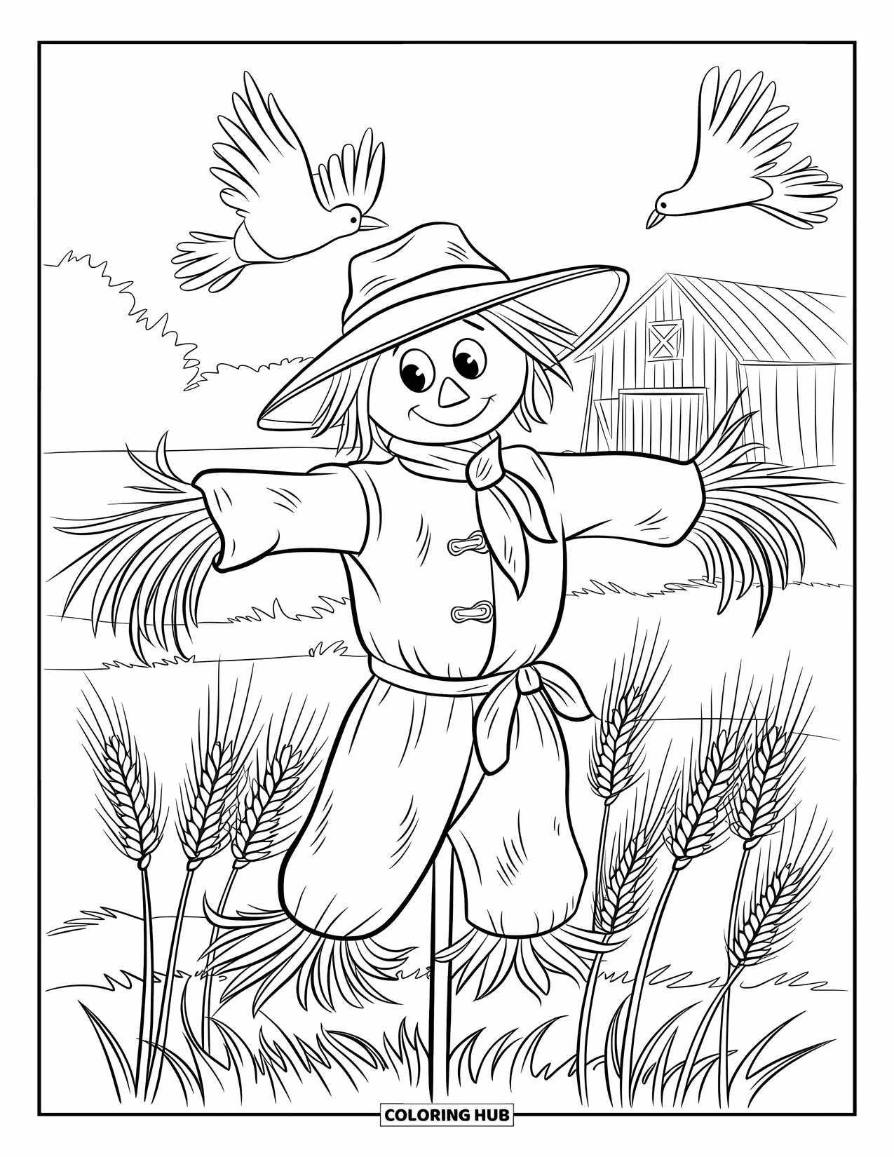 Scarecrow Coloring Page for Kids: A weathered scarecrow stands in a farm field with a barn and trees
