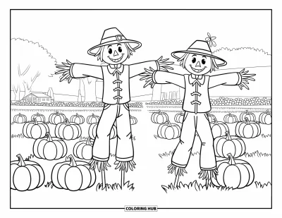 Coloriage d'épouvantail pour enfants : Deux épouvantails se dressent dans un champ bordé de citrouilles avec des arbres et un bâtiment au loin