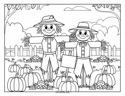 Coloriage d'épouvantail pour enfants : Deux épouvantails avec des panneaux et des chapeaux se dressent dans une scène de ferme moderne et expressive