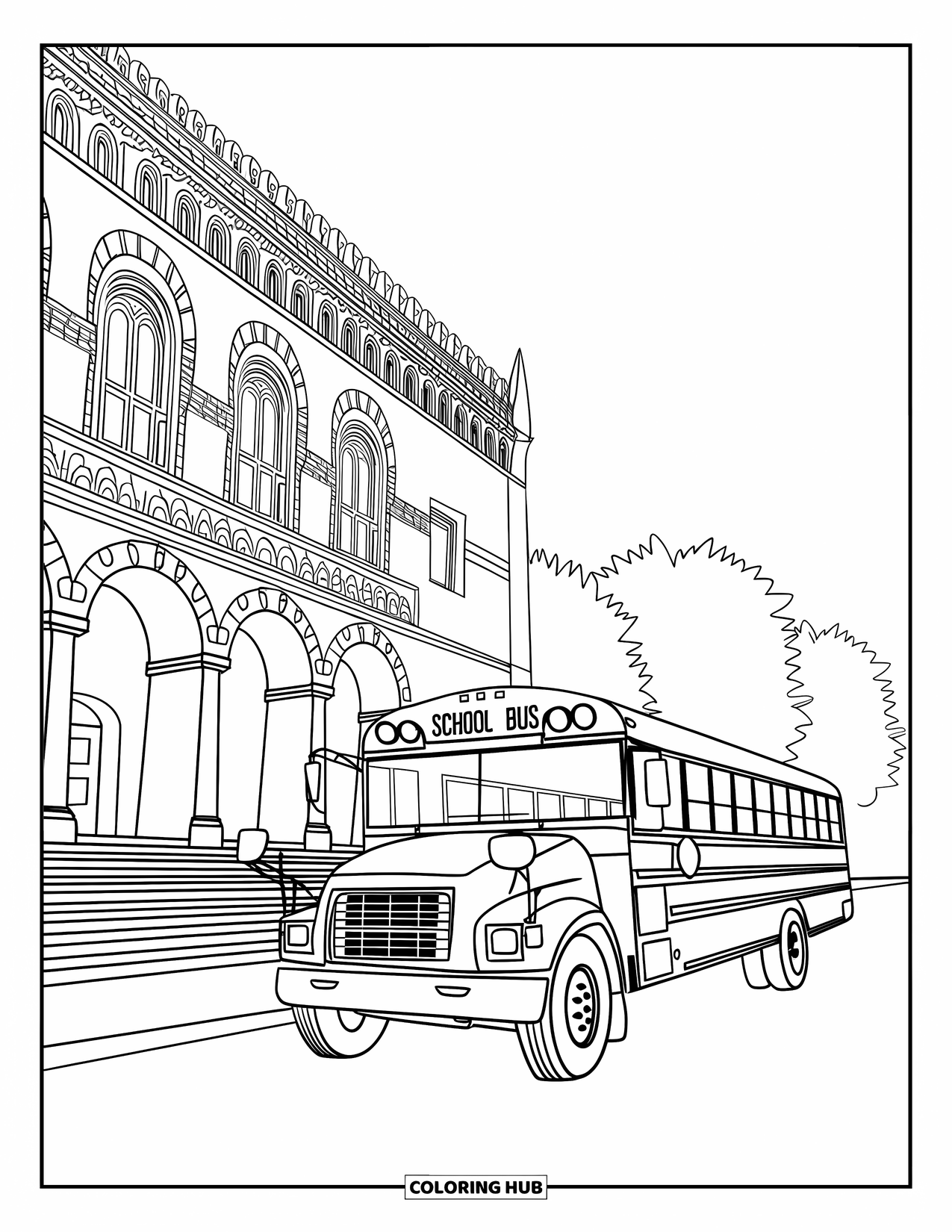 School Bus Coloring Page for Adults: A bus scene in front of a historic building with stairs, trees, and decorative windows