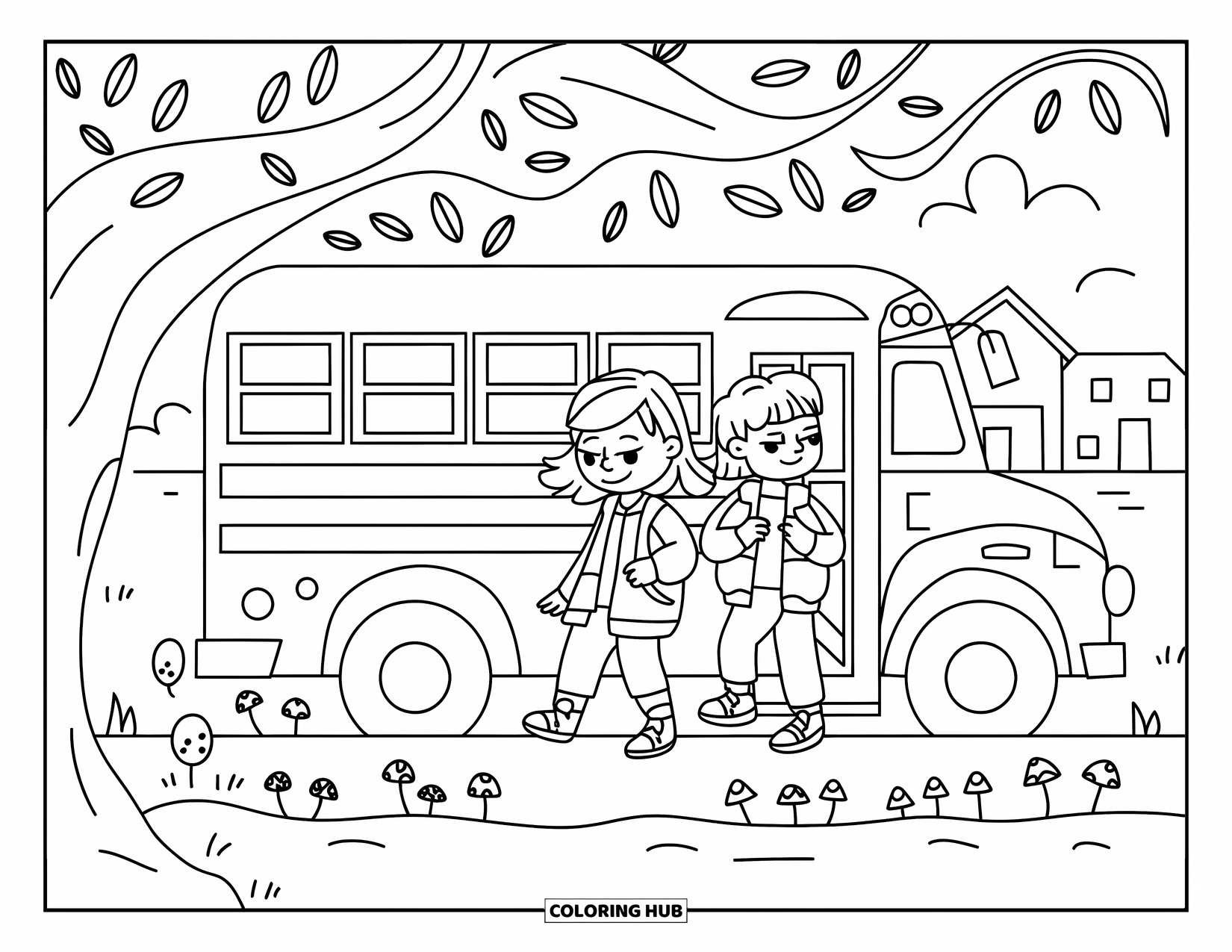 School Bus Coloring Page for Adults: A bus waits under a leafy tree while two kids step off near tiny mushrooms