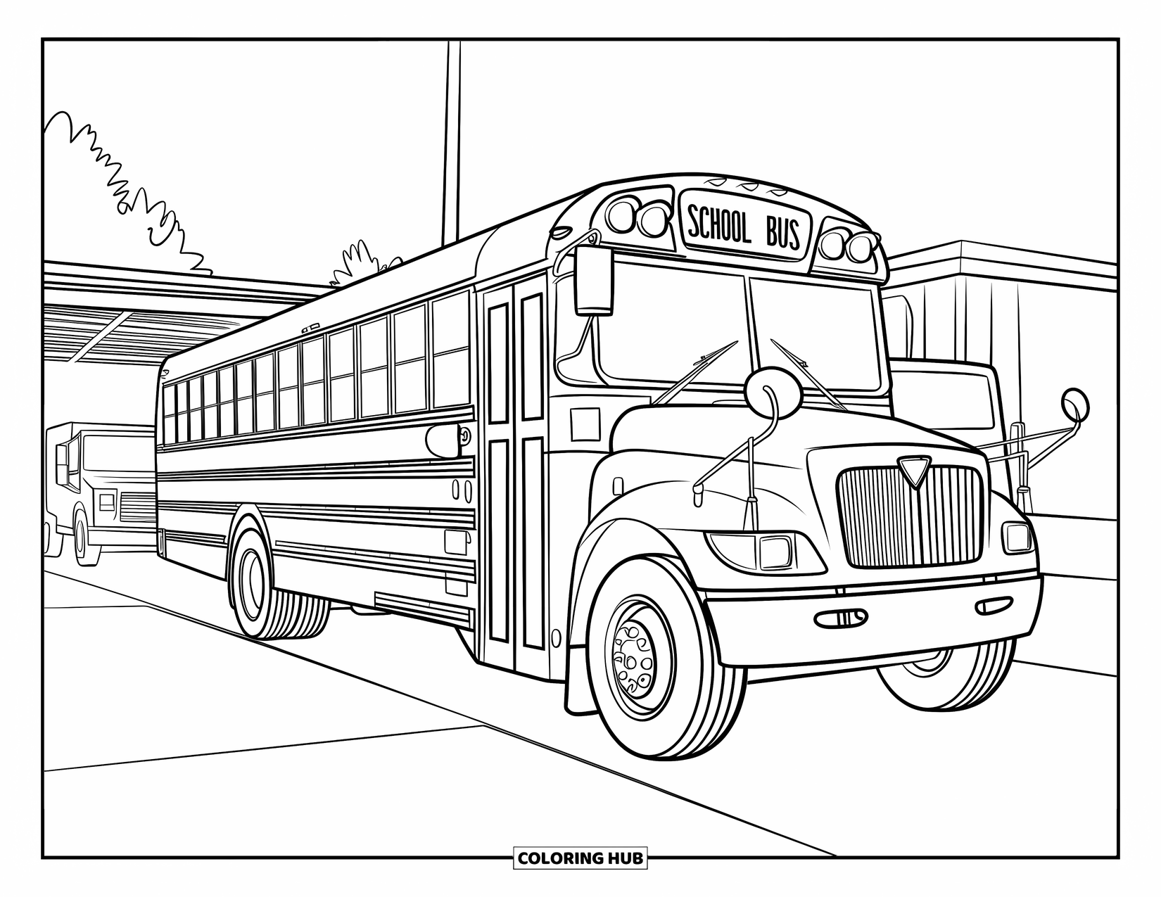 School Bus Coloring Page for Adults: A depot scene with a parked school bus, nearby truck, car, trees, and a building