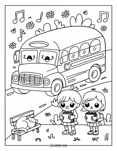 Fargeleggingsark med skolebuss for voksne: En vennlig skolebuss ankommer mens to søte barn venter med bøker og matbokser