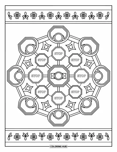 Fargeleggingsark med skolebuss for voksne: Et mandala av bussdeler innrammet av en kant med små blomstermotiver