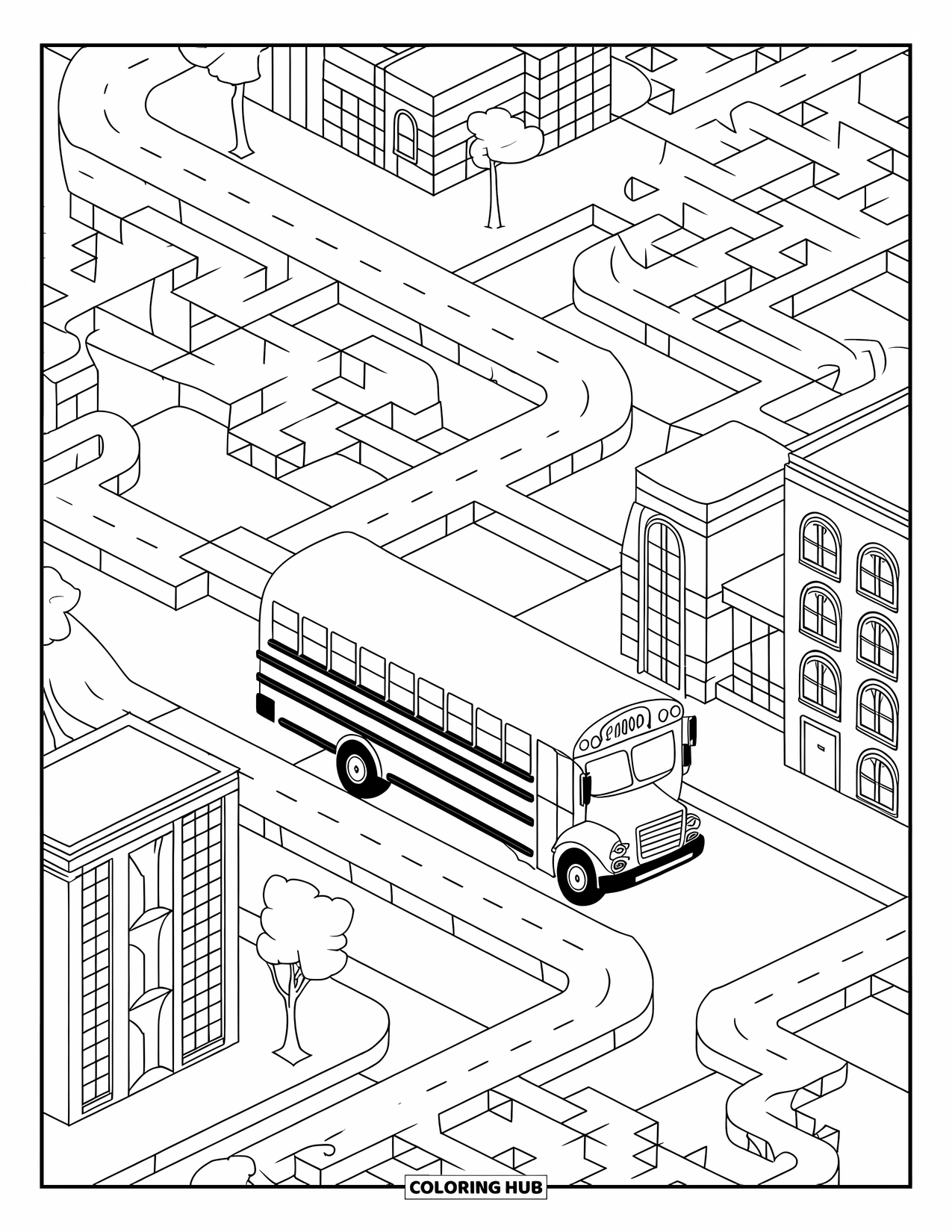 School Bus Coloring Page for Adults: A maze-like city with patterned roads, unique buildings, and a parked school bus
