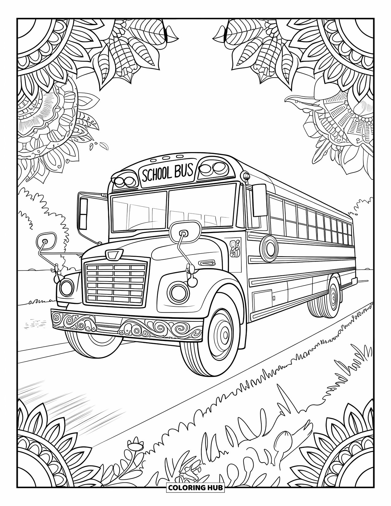 School Bus Coloring Page for Adults: A patterned school bus stands in an open field with trees and decorative borders