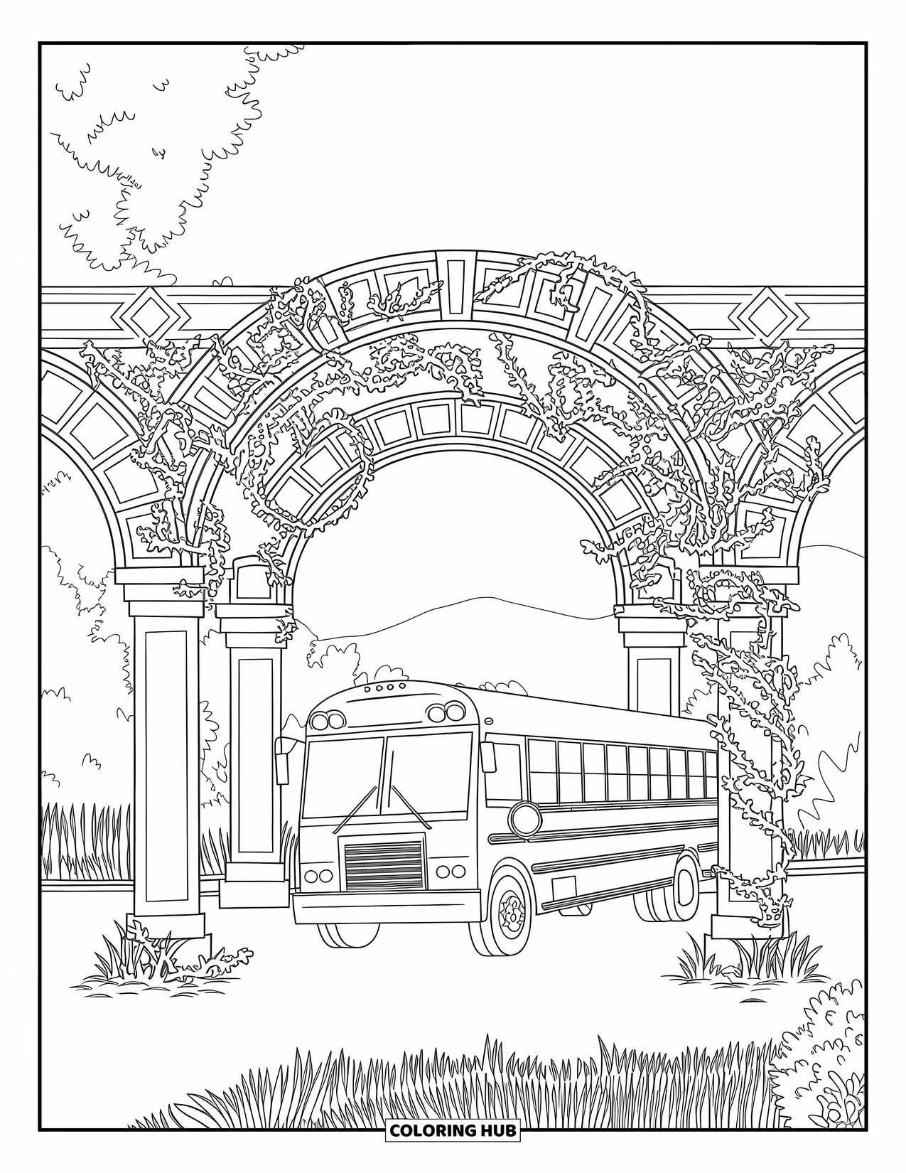 School Bus Coloring Page for Adults: A peaceful bus scene with ivy vines, stone pillars, and mountain trees in the background