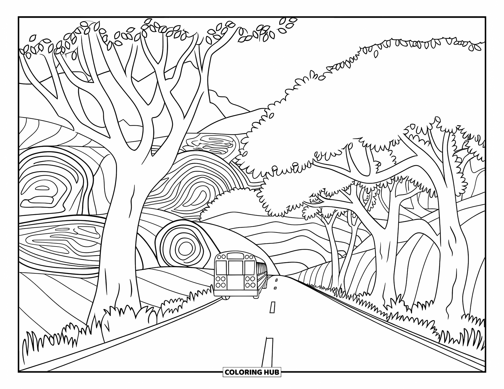School Bus Coloring Page for Adults: A peaceful road scene with fallen trees, hills, and a tiny bus in the background
