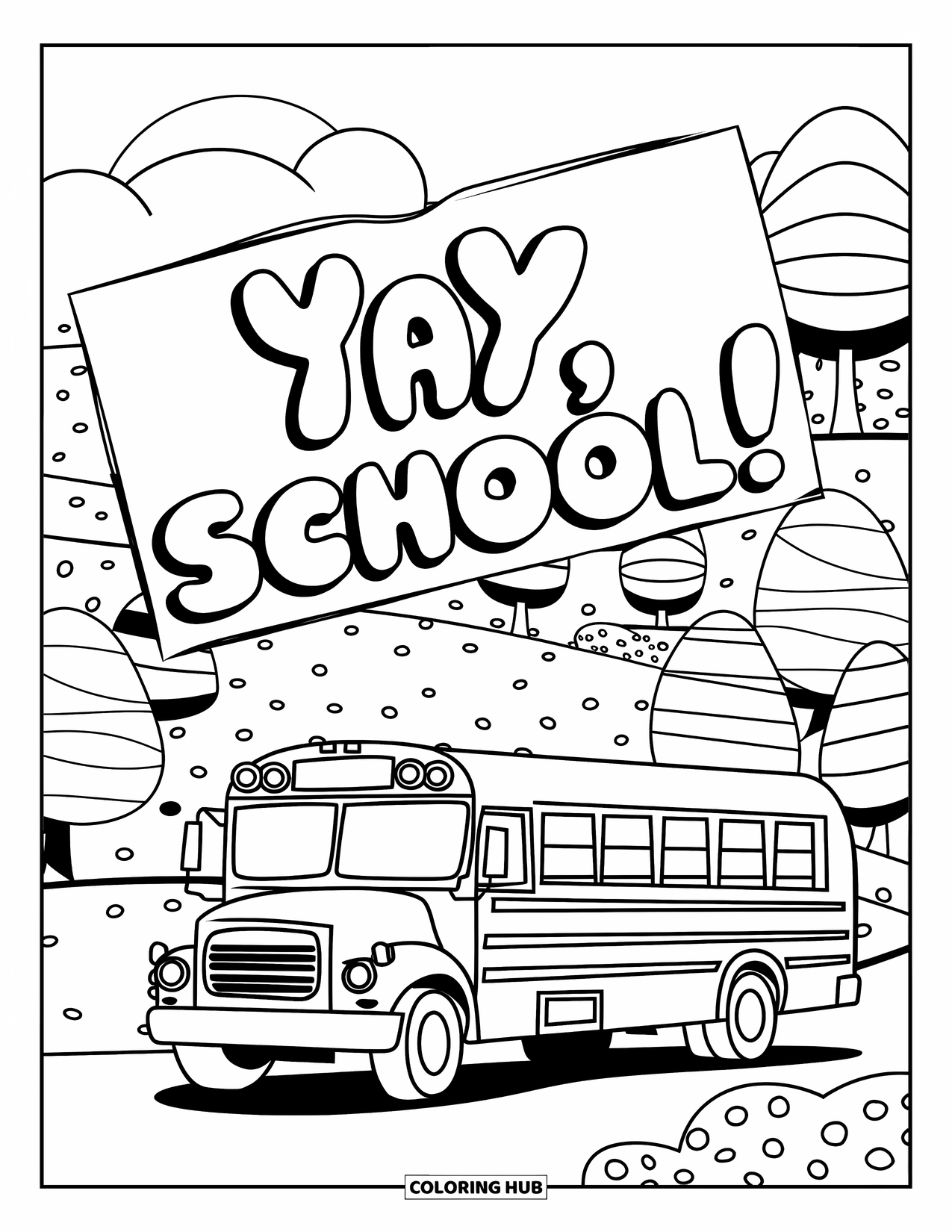 School Bus Coloring Page for Adults: A school bus waits in front of a curvy hill with spiraled trees and cute bushes